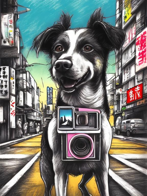 Prompt: pop art chalk pastel art of a detailed dog with a polaroid camera on the streets in post-apocalyptic Japan during a festival with planes in the background, sketch, detailed background, highres, fun atmosphere, natural lighting,  abstract, fun