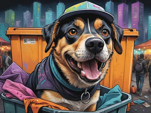 Prompt: Detailed happy dog wearing clothes dumpster diving during a festival, sketch, pop art chalk pastel, detailed cyberpunk city background, grunge, highres, abstract, natural lighting, lively atmosphere, fun, detailed dogs, colorful, chaotic, vibrant, happy-go-lucky