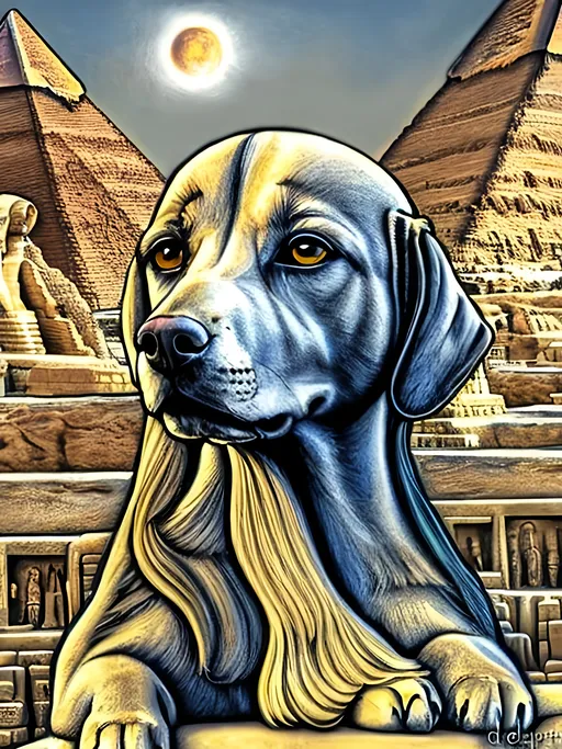 Prompt: pop art chalk pastel art of detailed dog as the sphinx in egypt, sketch, detailed background, highres, fun atmosphere, natural lighting,  abstract, fun