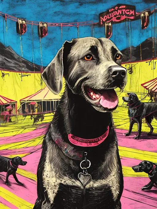 Prompt: Detailed mountain cur all black dog at a circus, festival, pop art chalk pastel, grunge, highres, abstract, natural lighting, lively atmosphere, fun, vibrant, happy-go-lucky, detailed dogs, detailed eyes, detailed fur, festive, flying, post-apocalyptic, Japan, chalk pastel, detailed background, grunge style, abstract art, high quality, natural lighting