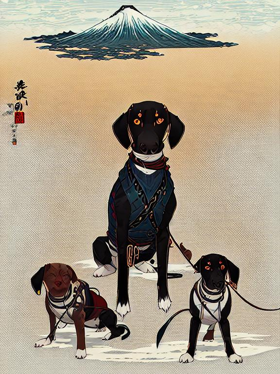 Prompt: black mountain cur dogs pooping in hiroshige wave 