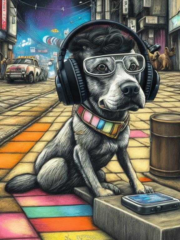 Prompt: pop art chalk pastel art of a detailed dog listening to music on the streets in post-apocalyptic Japan during a festival with planes in the background, sketch, detailed background, highres, fun atmosphere, natural lighting,  abstract, fun