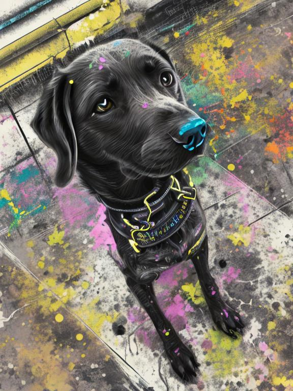 Prompt: Detailed pastel chalk pop art of an all-black mountain cur dog in a school uniform, cyberpunk city background, detailed fur with cool reflections, intense and focused gaze, high-tech collar, highres, pop art, pastel chalk, cyberpunk, detailed eyes, school uniform, detailed background, professional, atmospheric lighting