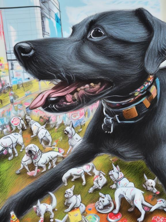 Prompt: pop art chalk pastel art of detailed dogs wearing clothes playing in the streets in japan during a festival, sketch, detailed background, highres, fun atmosphere, natural lighting,  abstract, fun