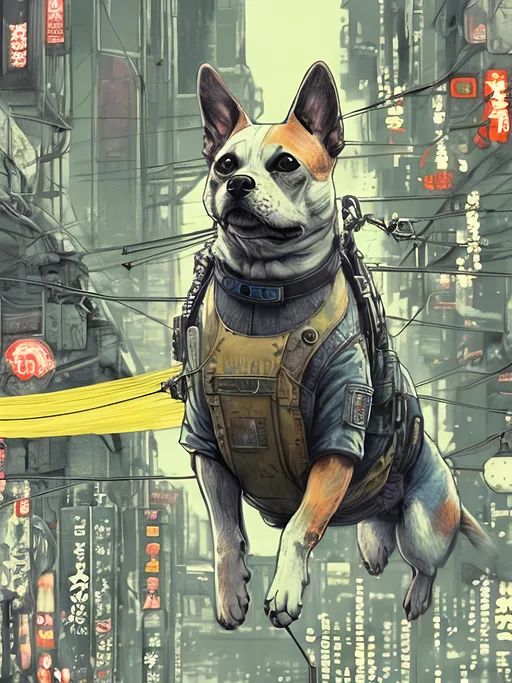 Prompt: chalk pastel style of a  detailed dog parachuting in cyberpunk japan, sketch, detailed background, highres, fun atmosphere, natural lighting,  abstract, fun