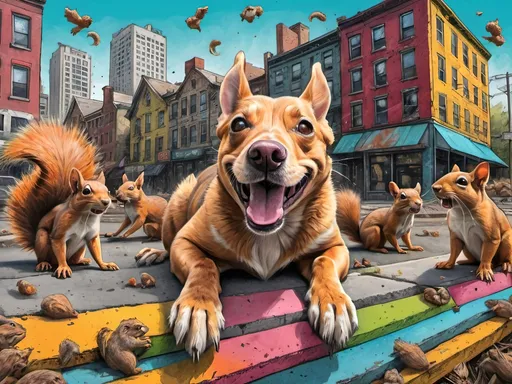 Prompt: Detailed happy dog overwhelmed by squirrels, sketch, pop art chalk pastel, detailed post-apocalyptic city background, grunge, highres, abstract, natural lighting, lively atmosphere, fun, detailed squirrels, colorful, chaotic, vibrant, happy-go-lucky