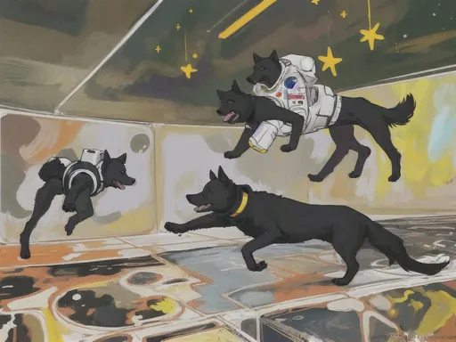 Prompt: abstract style art of black dogs in space in astronaut outfits