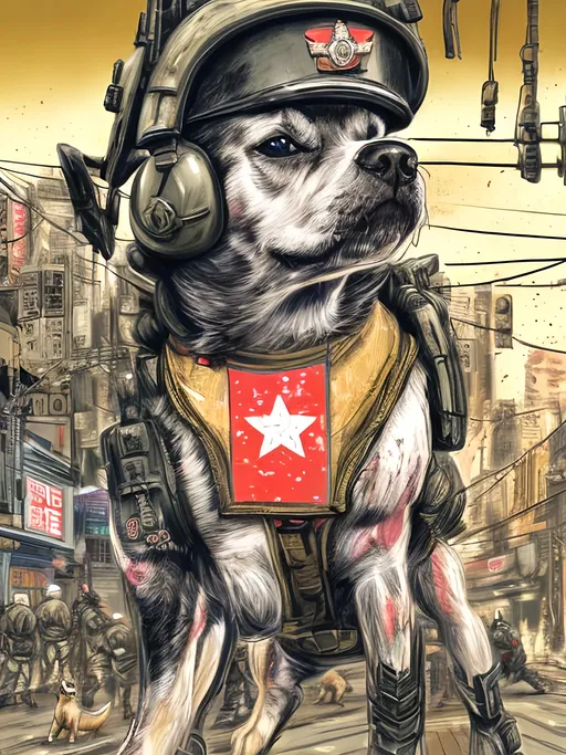 Prompt: pop art chalk pastel art of detailed dog wearing military uniforms<mymodel> playing in the streets in cyberpunk japan during a festival, sketch, detailed background, highres, fun atmosphere, natural lighting,  abstract, fun