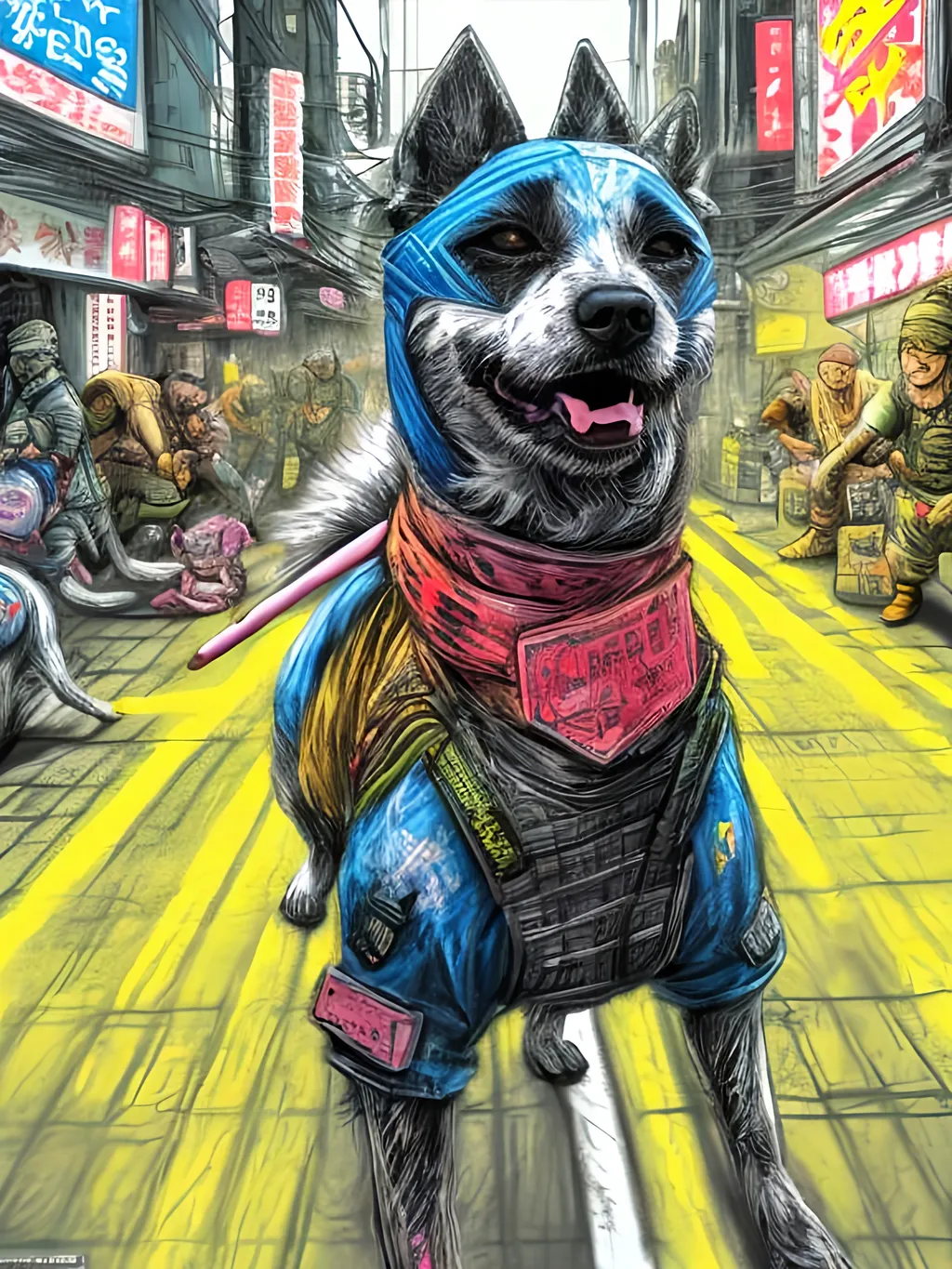 Prompt: pop art chalk pastel art of detailed dogs wearing ninja clothes playing in the streets in cyberpunk japan during a festival, sketch, detailed background, highres, fun atmosphere, natural lighting,  abstract, fun