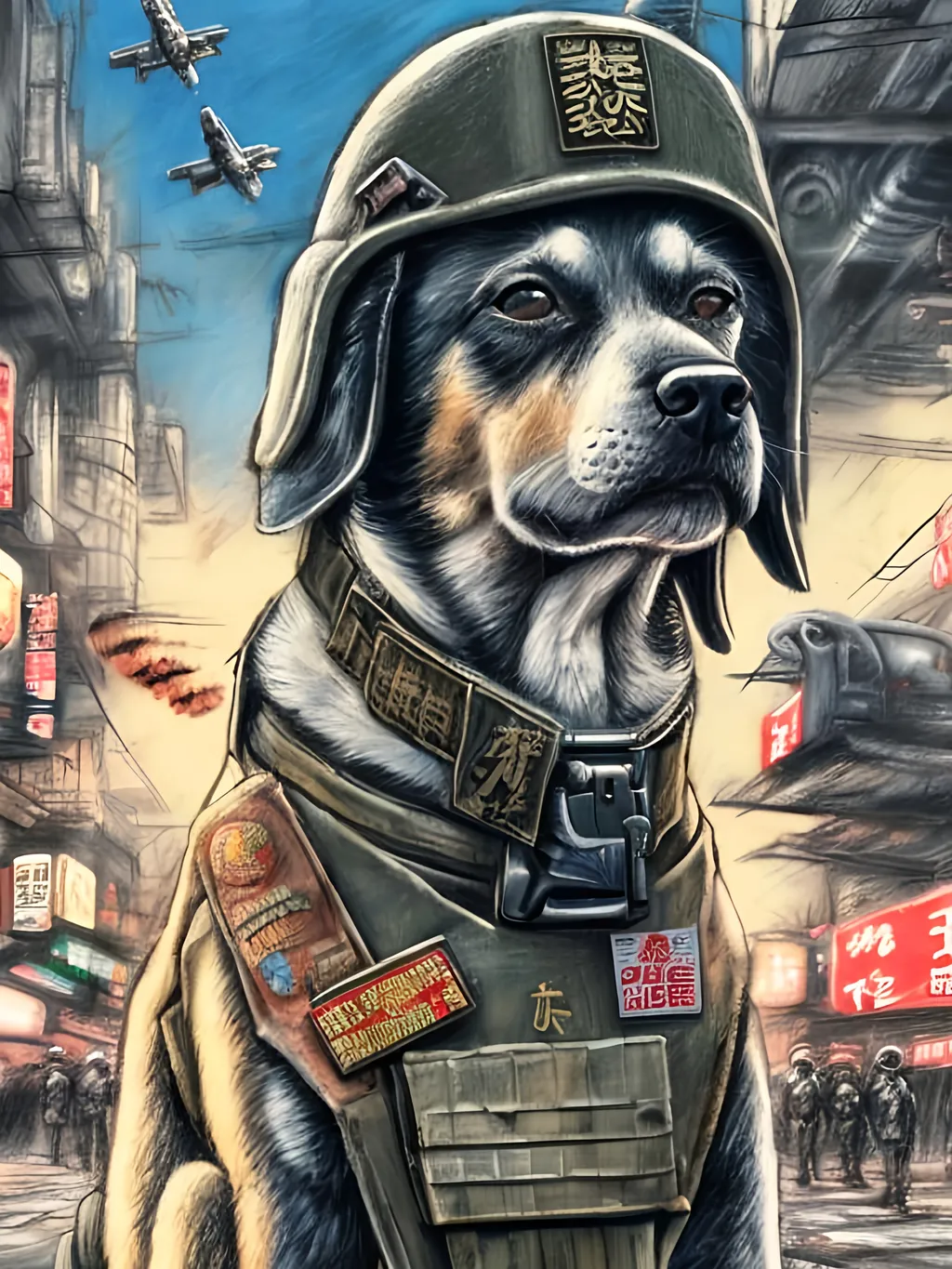 Prompt: chalk pastel art of a detailed dog wearing a military uniform on the streets in cyberpunk japan during a festival with planes in the background, sketch, detailed background, highres, fun atmosphere, natural lighting,  abstract, fun