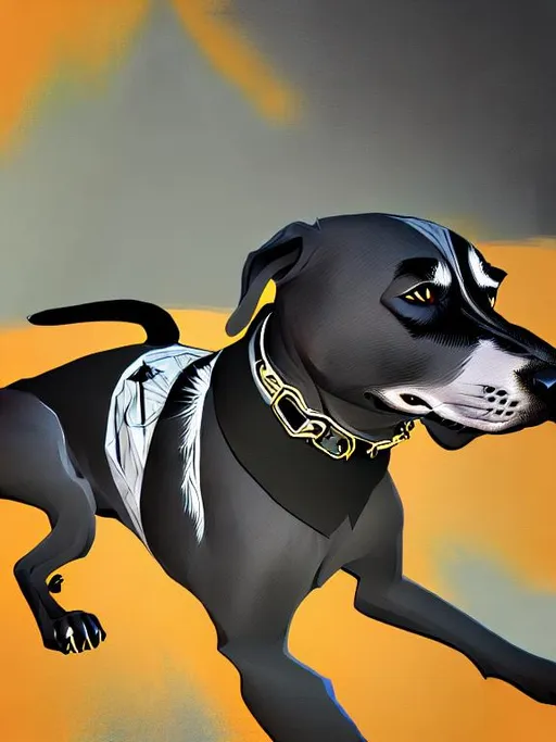 Prompt: mountain cur black dog in gangster clothing abstract art