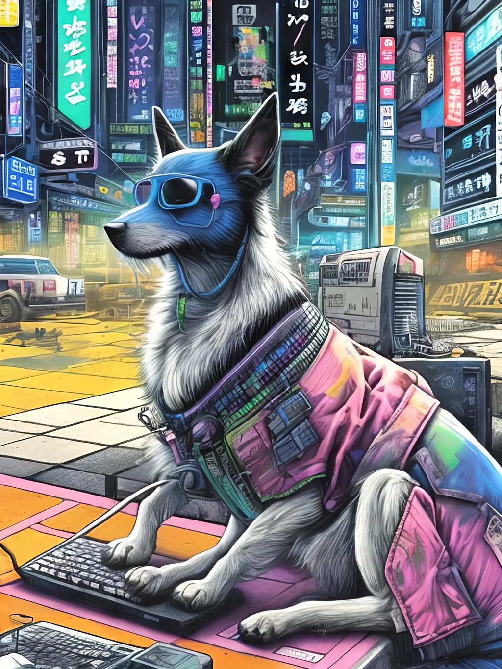 Prompt: pop art chalk pastel art of a detailed dog hacking a computer on the streets in cyberpunk japan with planes in the background, sketch, detailed background, highres, fun atmosphere, natural lighting,  abstract, fun