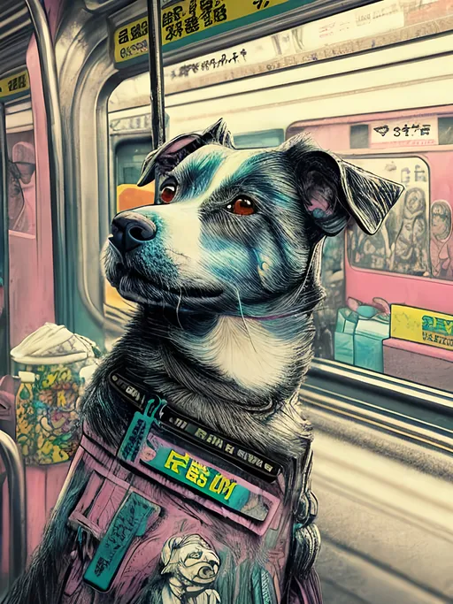 Prompt: pop art chalk pastel art of detailed dog on a train in cyberpunk japan during a festival, sketch, detailed background, highres, fun atmosphere, natural lighting,  abstract, fun