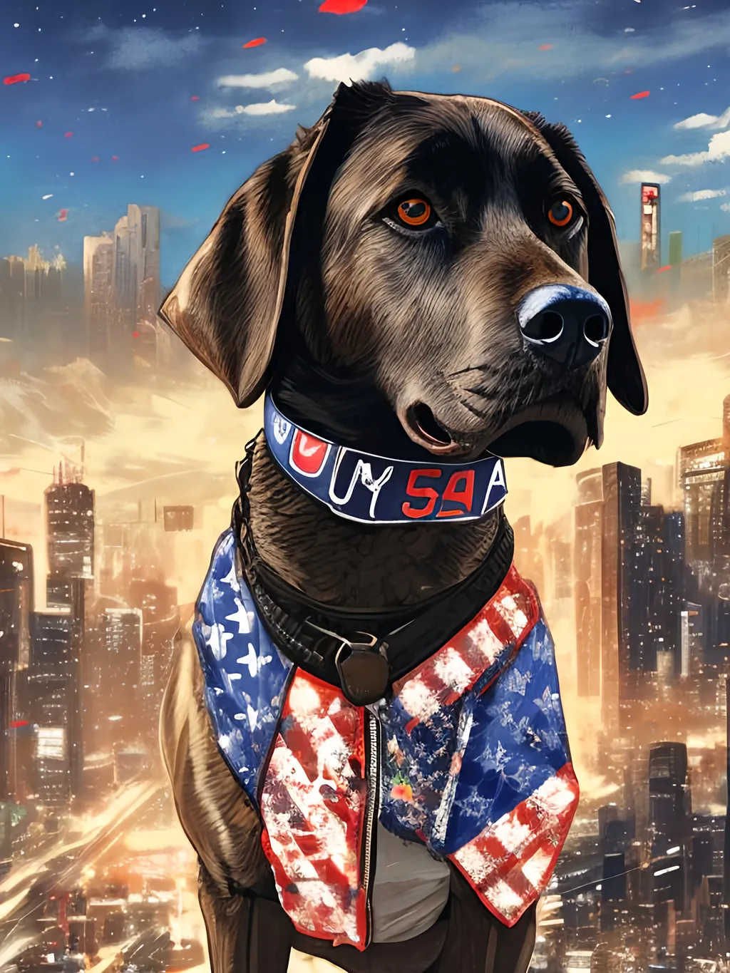 Prompt: a detailed mountain cur black dog wearing usa clothes at a city rally in cyberpunk japan, pop art chalk pastel, detailed background, high res, fun