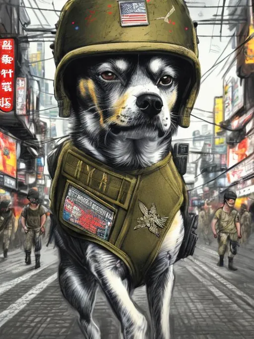 Prompt: pop art chalk pastel art of detailed dog wearing military uniforms<mymodel> playing in the streets in cyberpunk japan during a festival, sketch, detailed background, highres, fun atmosphere, natural lighting,  abstract, fun