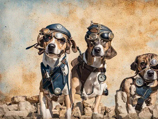 Prompt: black mountain cur dogs dressed as airplane pilots steam punk