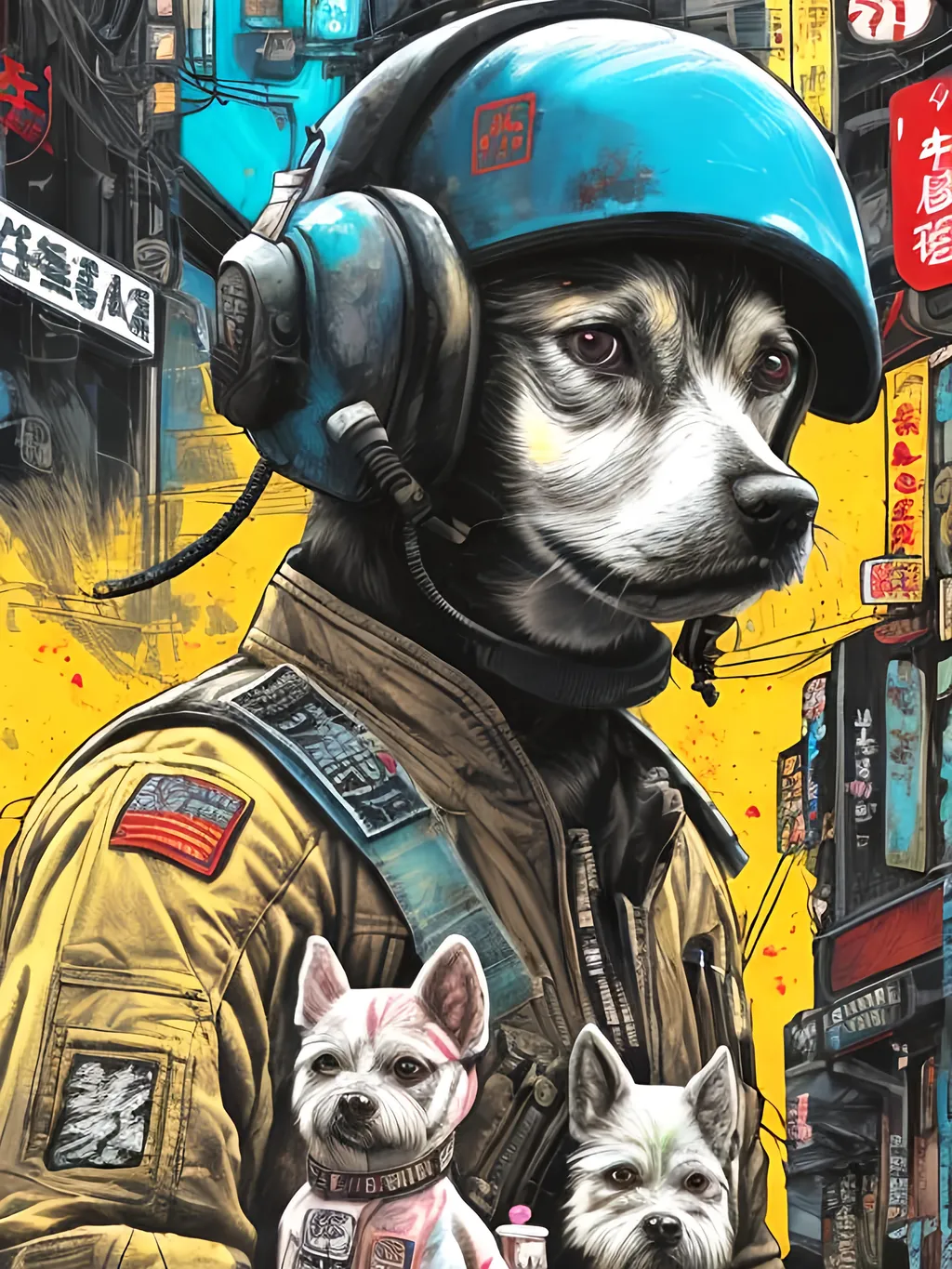 Prompt: pop art chalk pastel art of a detailed dog wearing a pilot uniform playing in the streets in cyberpunk japan during a festival, sketch, detailed background, highres, fun atmosphere, natural lighting,  abstract, fun