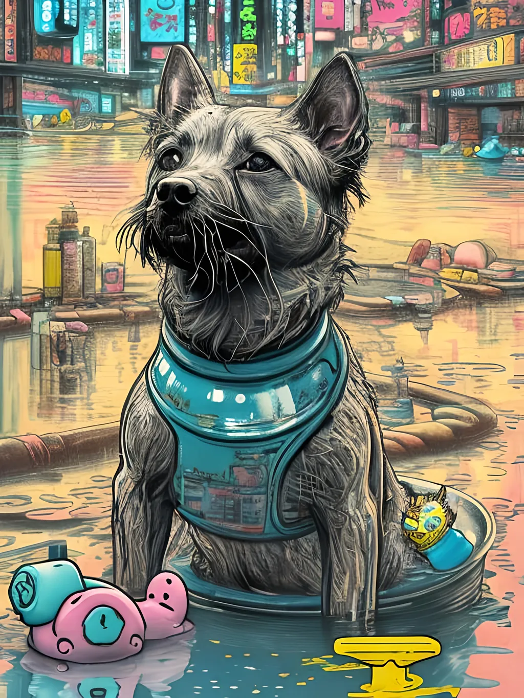 Prompt: pop art chalk pastel art of detailed dog taking a bath with a rubber ducky in cyberpunk japan, sketch, detailed background, highres, fun atmosphere, natural lighting,  abstract, fun