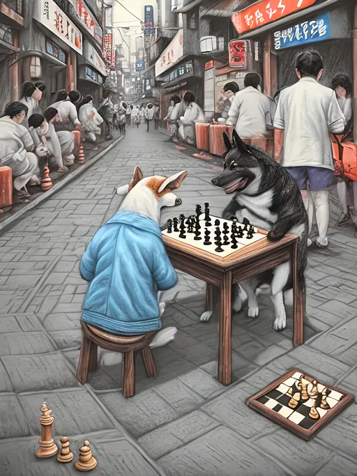 Prompt: chalk pastel art of detailed dog playing chess in the streets in Japan during a festival, sketch, detailed background, highres, fun atmosphere, natural lighting,  abstract, fun