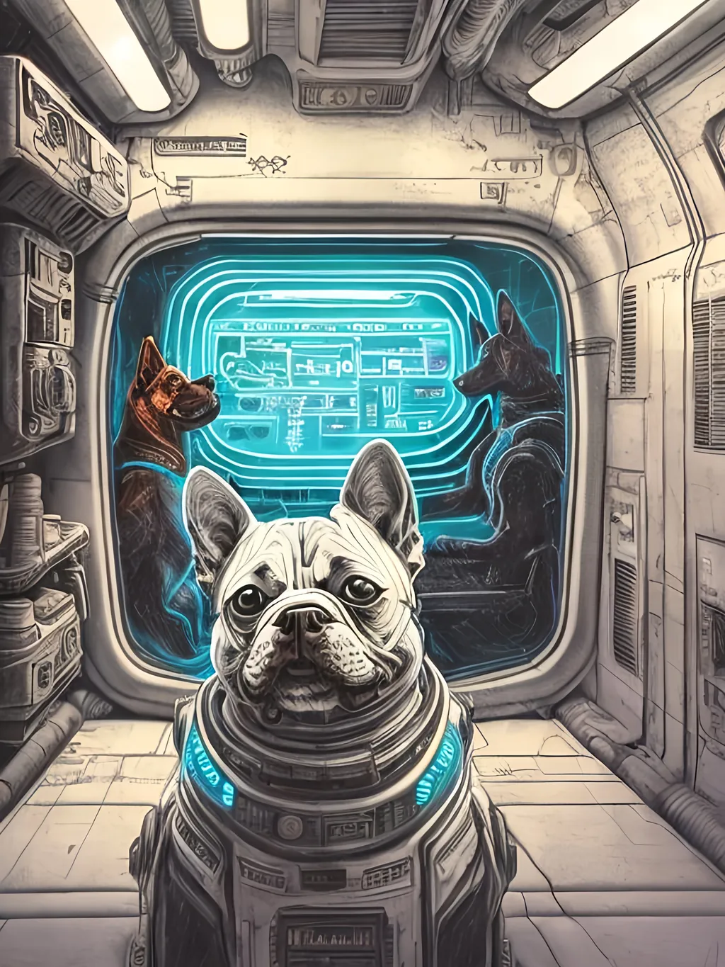 Prompt: chalk pastel style of a  detailed dog in a cyberpunk spaceship, sketch, detailed background, highres, fun atmosphere, natural lighting,  abstract, fun