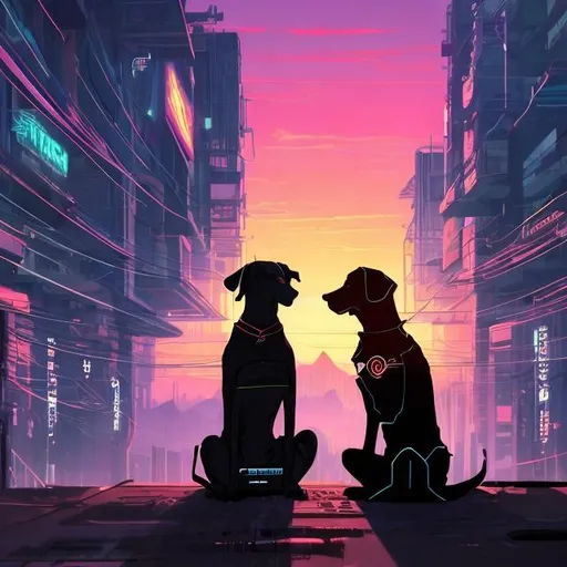 Prompt: sunset cyberpunk with mountain cur black dog no tail and korean girl