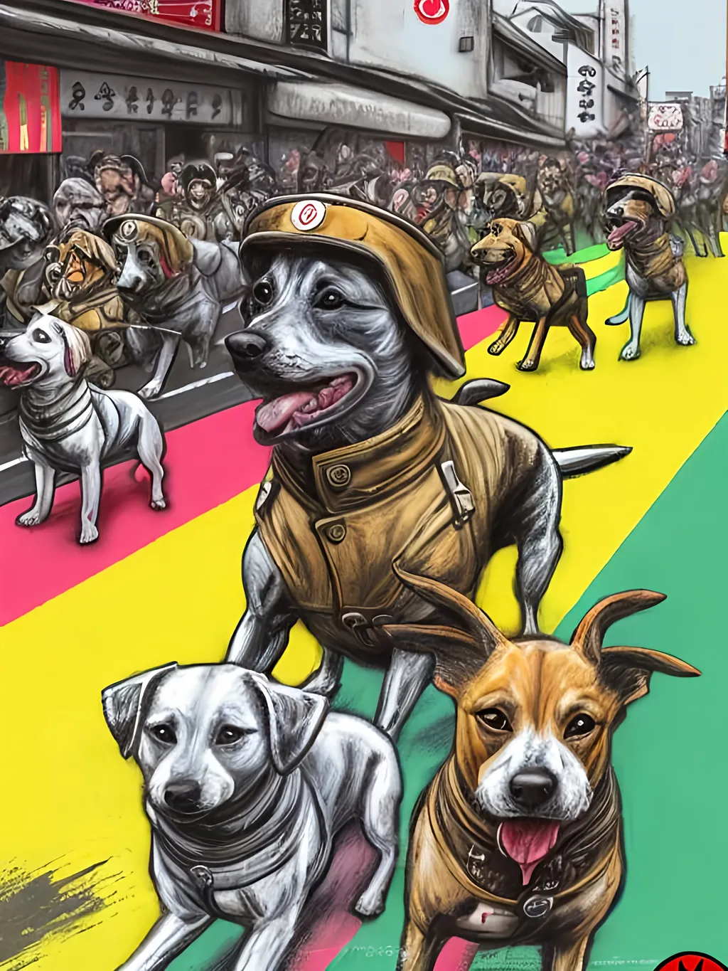 Prompt: pop art chalk pastel art of detailed dogs wearing nazi uniforms playing in the streets in japan during a festival, sketch, detailed background, highres, fun atmosphere, natural lighting,  abstract, fun