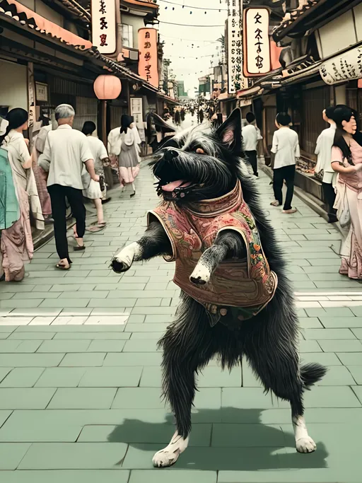 Prompt: chalk pastel style of a detailed dog dancing in the streets in japan during a festival, sketch, detailed background, highres, fun atmosphere, natural lighting,  abstract, fun