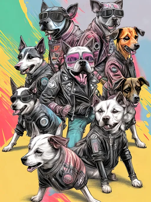 Prompt: pop art chalk pastel art of detailed dogs wearing biker gang clothes playing in the streets in cyberpunk japan during a festival, sketch, detailed background, highres, fun atmosphere, natural lighting,  abstract, fun