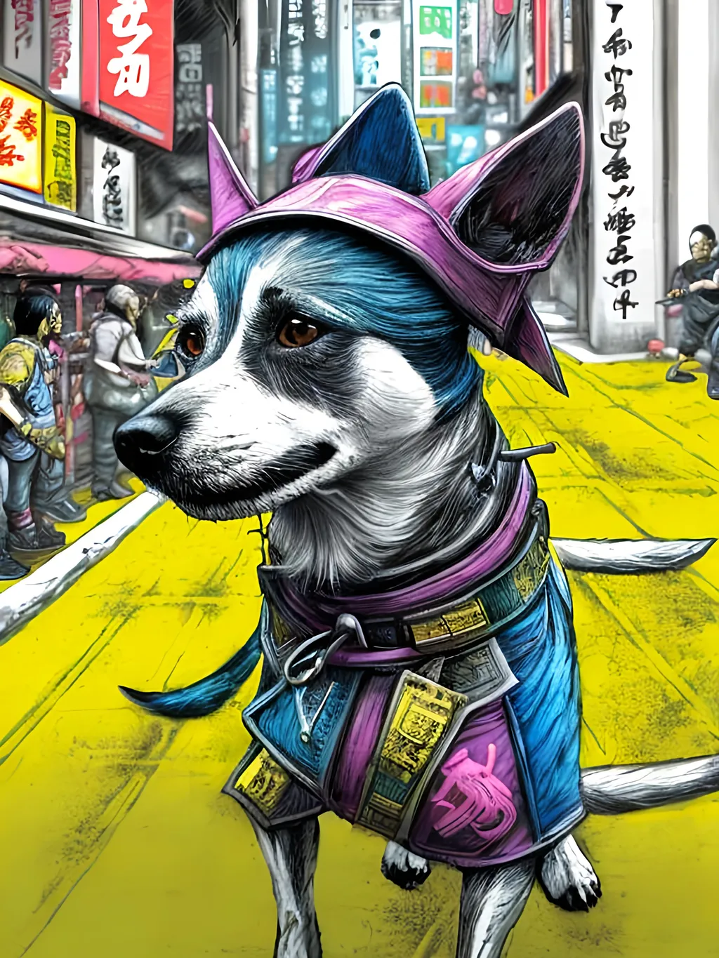 Prompt: pop art chalk pastel art of detailed dogs wearing ninja clothes playing in the streets in cyberpunk japan during a festival, sketch, detailed background, highres, fun atmosphere, natural lighting,  abstract, fun
