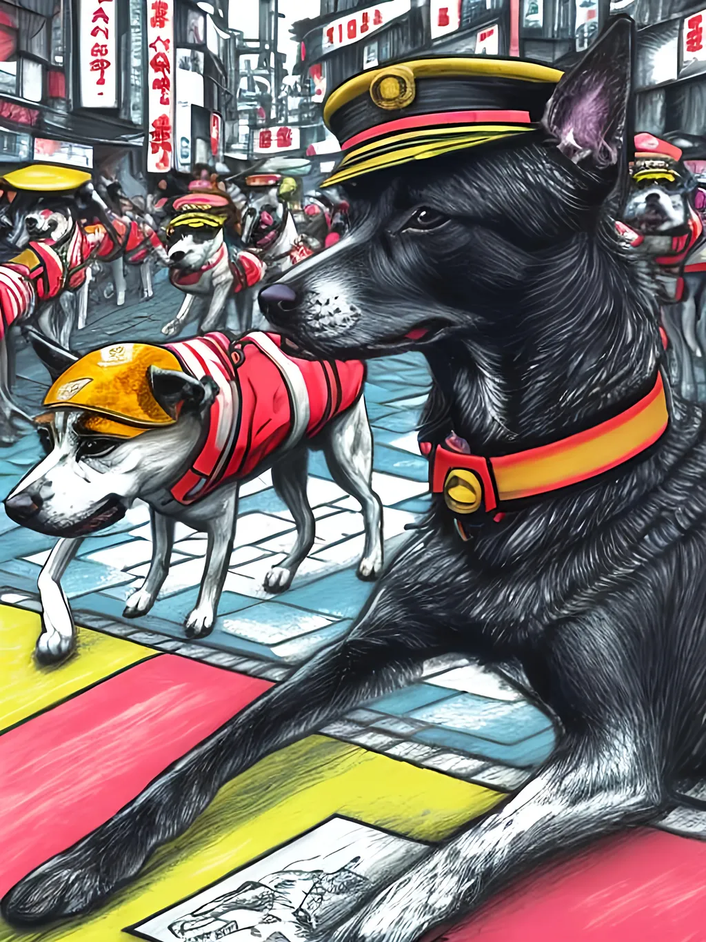 Prompt: pop art chalk pastel art of detailed dogs wearing pilot uniforms playing in the streets in japan during a festival, sketch, detailed background, highres, fun atmosphere, natural lighting,  abstract, fun