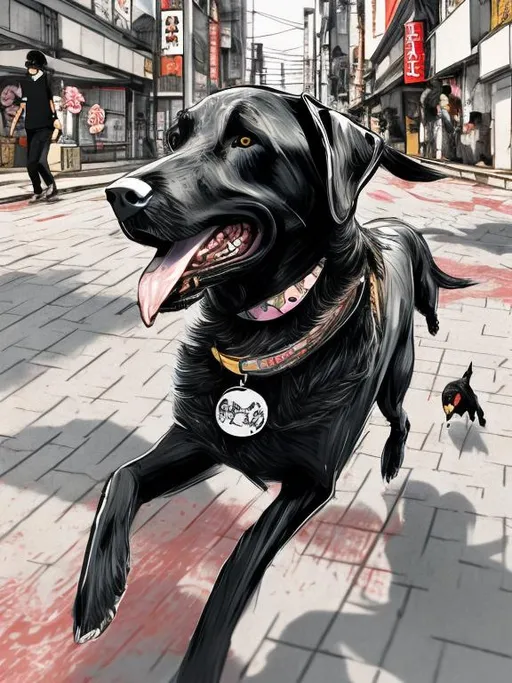 Prompt: a black dog wearing cool clothes chasing a chicken in the streets in japan, sketch, detailed background, highres, fun atmosphere, natural lighting, pastel colors, abstract, fun