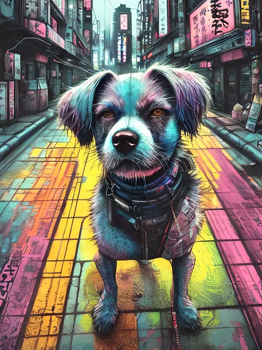 Prompt: a detailed grunge dog in cyberpunk Japan festival, pop art chalk pastel, natural lighting, highres, detailed streets, fun, cyberpunk, detailed fur, vibrant colors, lively atmosphere, street festival, urban setting, chalk pastel art, detailed background, Japan, pop art, grunge style, festival vibes, sketch