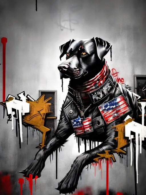 Prompt: Abstract art of a black dogs in gangster punk clothes, graffiti, streets, patriotic, detailed, atmospheric lighting, intense battle in the background, highres, ultra-detailed, abstract, gangster, detailed clothing, patriotic theme, streets, atmospheric lighting, dogs