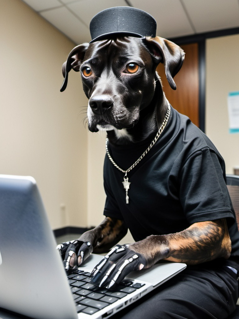 Prompt: all black mountain cur dog punk dressed emo working on a laptop in an office