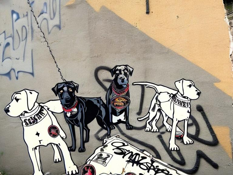 Prompt: mountain cur black dogs in gangster rappers clothing graffiti