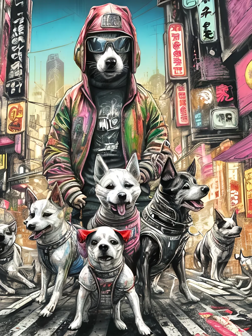 Prompt: pop art chalk pastel art of detailed dogs wearing gangster clothes playing in the streets in cyberpunk japan during a festival, sketch, detailed background, highres, fun atmosphere, natural lighting,  abstract, fun