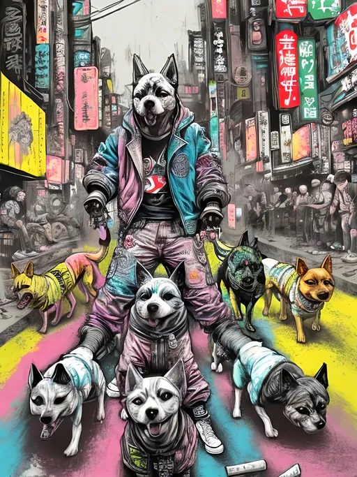 Prompt: pop art chalk pastel art of detailed dogs wearing gangster clothes playing in the streets in cyberpunk japan during a festival, sketch, detailed background, highres, fun atmosphere, natural lighting,  abstract, fun