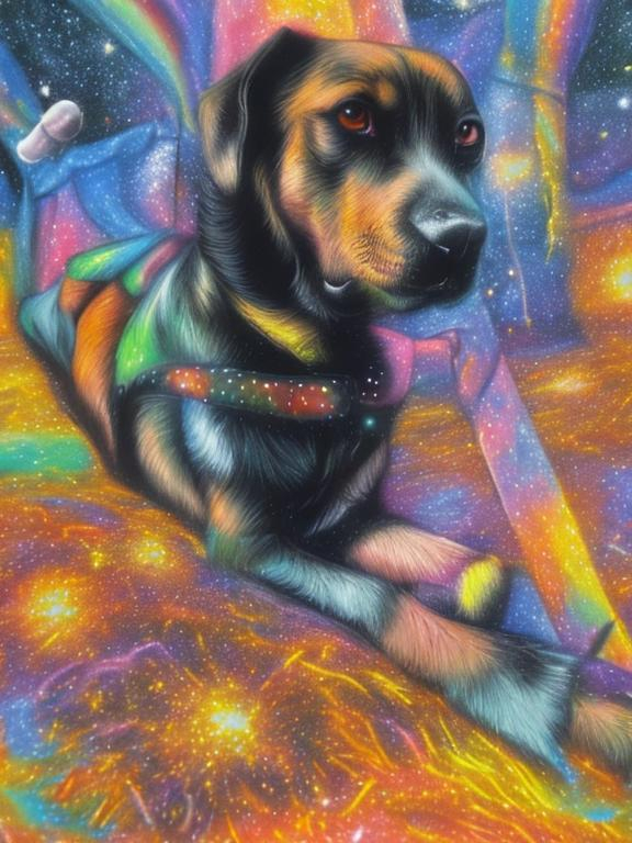 Prompt: detailed chalk pastel pop art, black mountain cur dog in space