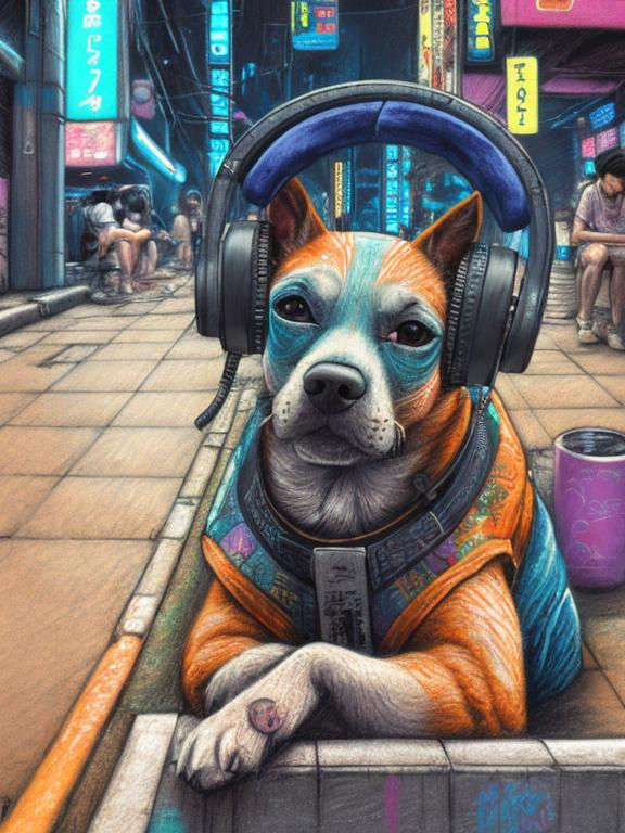 Prompt: chalk pastel art of a detailed dog listening to music on the streets in cyberpunk japan during a festival, sketch, detailed background, highres, fun atmosphere, natural lighting,  abstract, fun