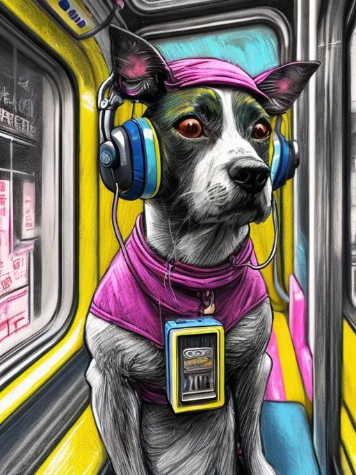 Prompt: pop art chalk pastel art of a detailed dog listening to music on the train in cyberpunk japan during a festival, sketch, detailed background, highres, fun atmosphere, natural lighting,  abstract, fun