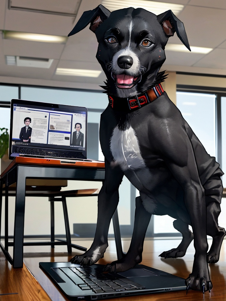 Prompt: all black mountain cur dog dressed as yakuza working on a laptop in an office