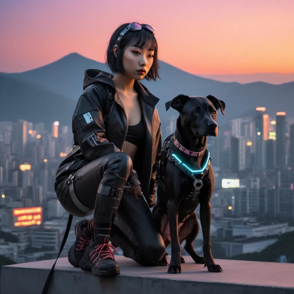 Prompt: sunset cyberpunk with mountain cur black dog no tail and korean girl