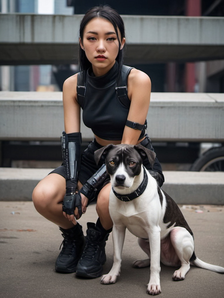 Prompt: mountain cur black dog with half asian girl in cyberpunk city