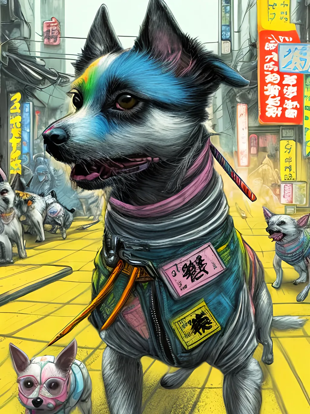 Prompt: pop art chalk pastel art of detailed dogs wearing ninja clothes playing in the streets in cyberpunk japan during a festival, sketch, detailed background, highres, fun atmosphere, natural lighting,  abstract, fun