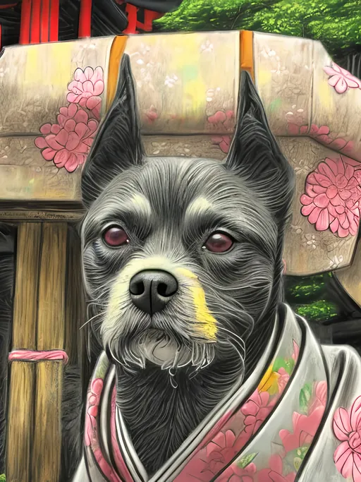 Prompt: pop art chalk pastel style of a  detailed dog in a kimono at a shrine, sketch, detailed background, highres, fun atmosphere, natural lighting,  abstract, fun