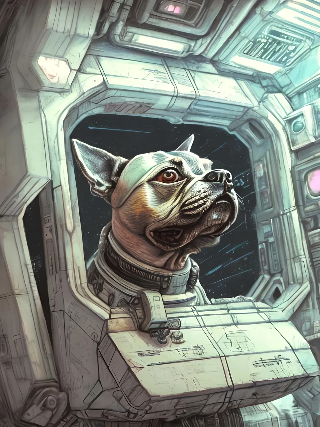 Prompt: chalk pastel style of a  detailed dog in a cyberpunk spaceship, sketch, detailed background, highres, fun atmosphere, natural lighting,  abstract, fun