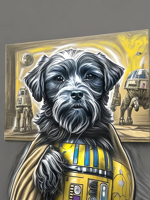 Prompt: pop art chalk pastel art of detailed dog in star wars, sketch, detailed background, highres, fun atmosphere, natural lighting,  abstract, fun