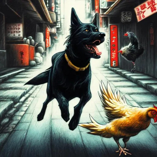 Prompt: chalk pastel art of a black dog wearing clothes chasing a chicken in the streets in japan, sketch, detailed background, highres, fun atmosphere, natural lighting, pastel colors, abstract, fun
