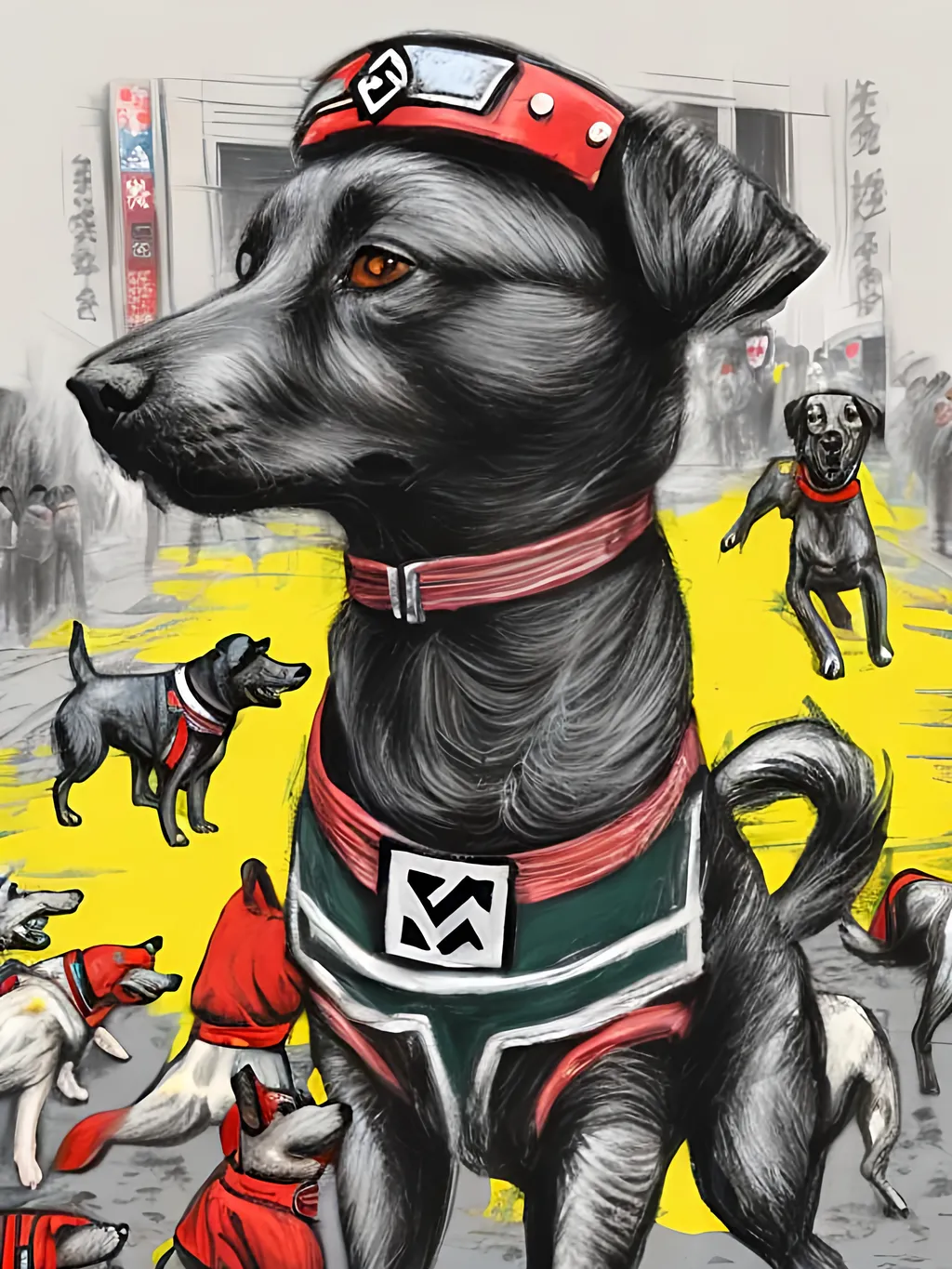 Prompt: pop art chalk pastel art of detailed dogs wearing nazi uniforms playing in the streets in japan during a festival, sketch, detailed background, highres, fun atmosphere, natural lighting,  abstract, fun