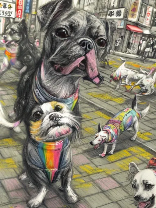 Prompt: pop art chalk pastel art of detailed dogs wearing clothes playing in the streets in japan during a festival, sketch, detailed background, highres, fun atmosphere, natural lighting,  abstract, fun